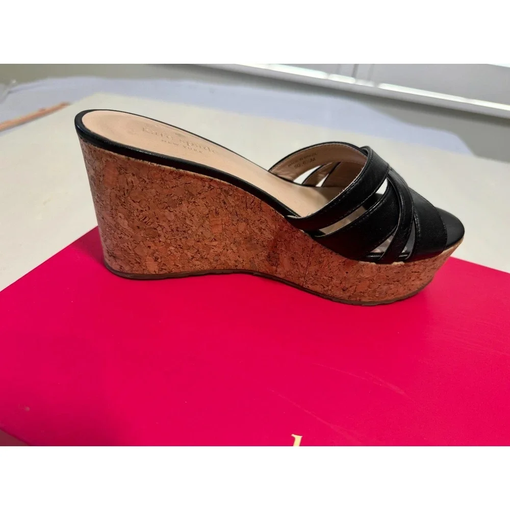 Kate Spade 6.5 Black Wedge Espadrilles Cork Leather Slide Mule Sandal Talcott